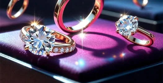 Diamond rings resting on a velvet display cushion
