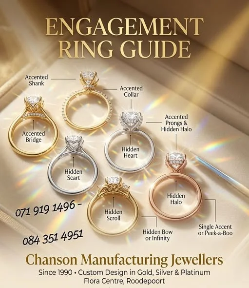 Engagement ring guide showing accented, hidden-detail and halo ring styles