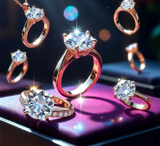 Diamond rings and pendants displayed on a velvet cushion