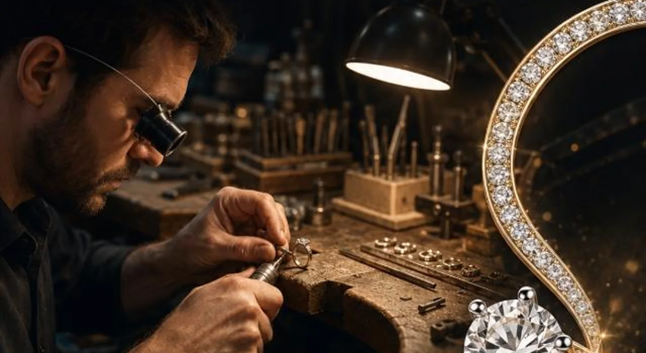 Goldsmith hand-setting a diamond ring at the Chanson workshop bench